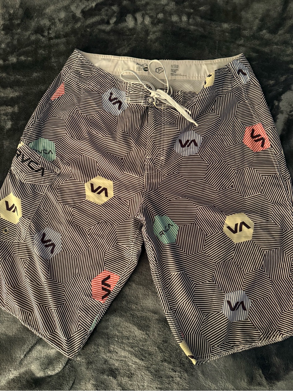 RVCA Men’s Black Swim Board Shorts with Multicolor Hex Pattern